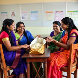 Four female teachers with braided black hair, dressed in vibrant sarees, are sitting on wooden chairs