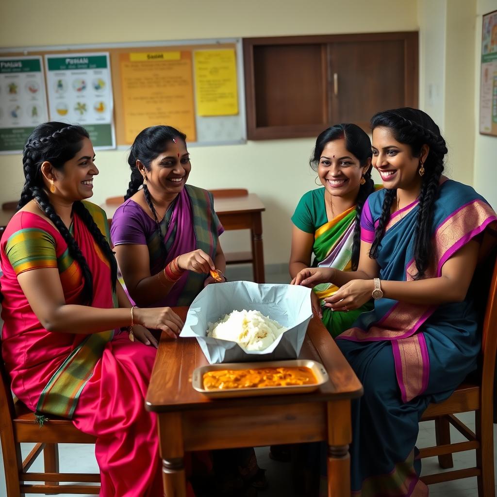 Four female teachers with braided black hair, dressed in vibrant sarees, are sitting on wooden chairs