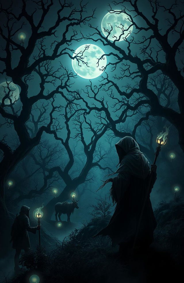 A mesmerizing dark fantasy landscape featuring a mysterious, twisted forest illuminated by an eerie moonlight