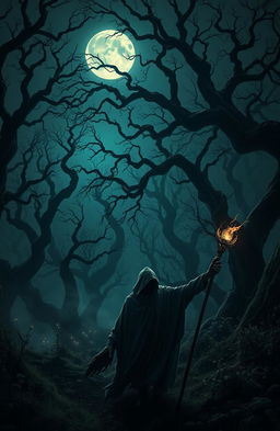 A mesmerizing dark fantasy landscape featuring a mysterious, twisted forest illuminated by an eerie moonlight