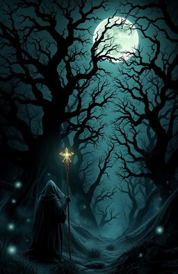 A mesmerizing dark fantasy landscape featuring a mysterious, twisted forest illuminated by an eerie moonlight
