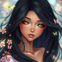 A beautiful and charming young woman with long, flowing black hair that gracefully cascades around her shoulders