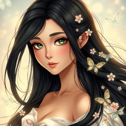 A beautiful and charming young woman with long, flowing black hair that gracefully cascades around her shoulders