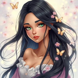A beautiful and charming young woman with long, flowing black hair that gracefully cascades around her shoulders