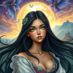 A beautiful and charming young woman with long, luxurious black hair that flows gracefully around her shoulders