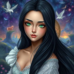 A beautiful and charming young woman with long, luxurious black hair that flows gracefully around her shoulders