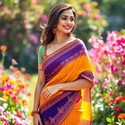 A beautiful woman wearing a vibrant, curvy saree that gracefully hugs her figure