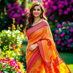 A beautiful woman wearing a vibrant, curvy saree that gracefully hugs her figure