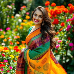A beautiful woman wearing a vibrant, curvy saree that gracefully hugs her figure