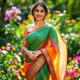 A beautiful woman wearing a vibrant, curvy saree that gracefully hugs her figure