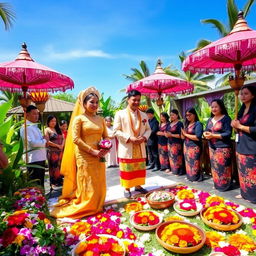 A beautiful and vibrant Balinese wedding ceremony set in an outdoor tropical garden