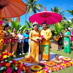 A beautiful and vibrant Balinese wedding ceremony set in an outdoor tropical garden