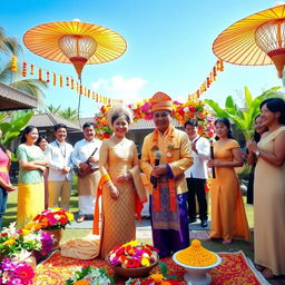 A beautiful and vibrant Balinese wedding ceremony set in an outdoor tropical garden