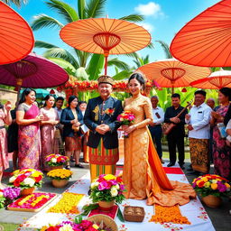 A beautiful and vibrant Balinese wedding ceremony set in an outdoor tropical garden