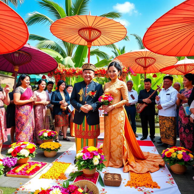 A beautiful and vibrant Balinese wedding ceremony set in an outdoor tropical garden