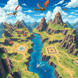 A vibrant and dynamic Dragon Ball themed Dungeons and Dragons battlemap, featuring a variety of terrains including mountainous regions, open fields, and rocky cliffs