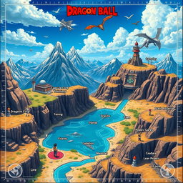 A vibrant and dynamic Dragon Ball themed Dungeons and Dragons battlemap, featuring a variety of terrains including mountainous regions, open fields, and rocky cliffs