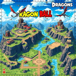 A vibrant and dynamic Dragon Ball themed Dungeons and Dragons battlemap, featuring a variety of terrains including mountainous regions, open fields, and rocky cliffs