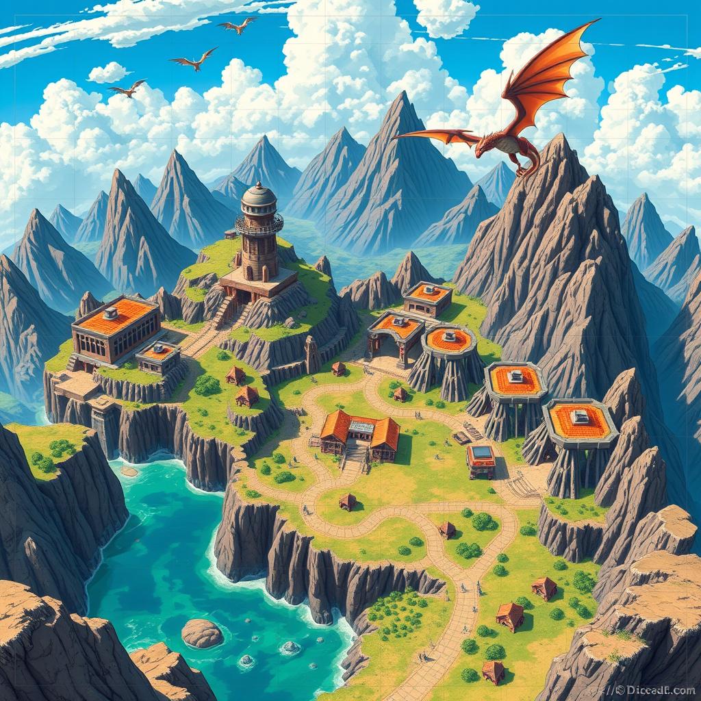 A vibrant and dynamic Dragon Ball themed Dungeons and Dragons battlemap, featuring a variety of terrains including mountainous regions, open fields, and rocky cliffs