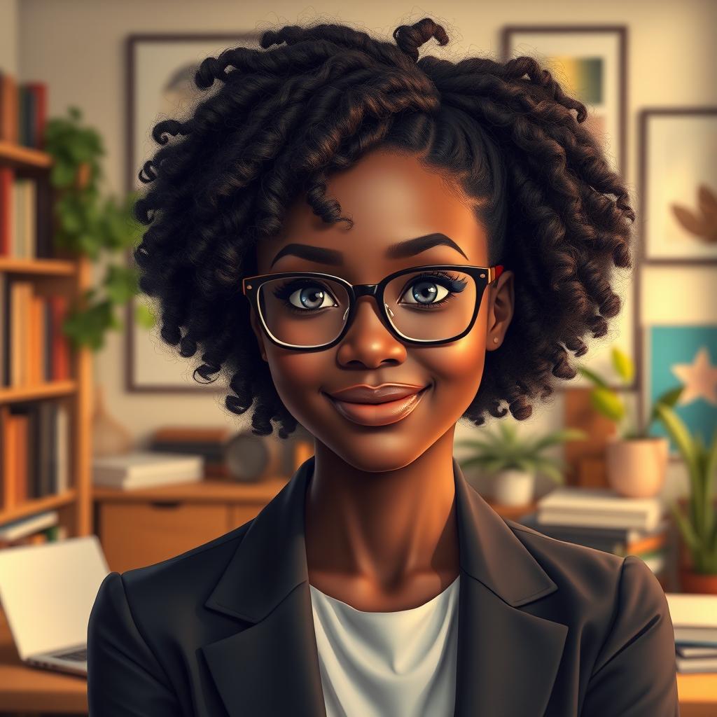 A portrait of a confident Black female INTJ character, showcasing her intelligence and introspective nature