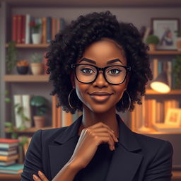 A portrait of a confident Black female INTJ character, showcasing her intelligence and introspective nature