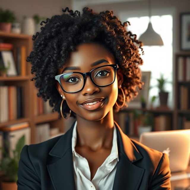 A portrait of a confident Black female INTJ character, showcasing her intelligence and introspective nature