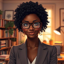 A portrait of a confident Black female INTJ character, showcasing her intelligence and introspective nature