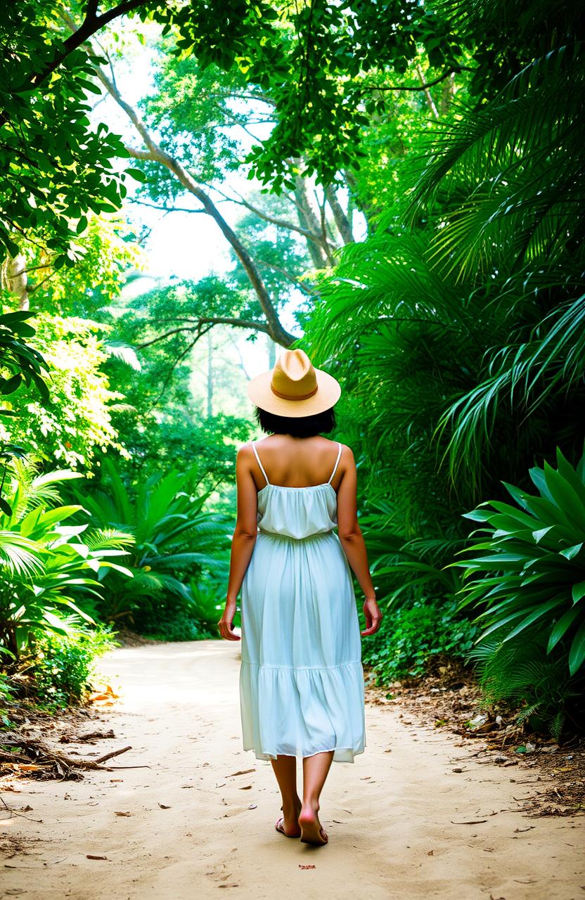 A woman with short dark hair, wearing a flowing summer dress and a stylish fedora, stands with her back to the viewer