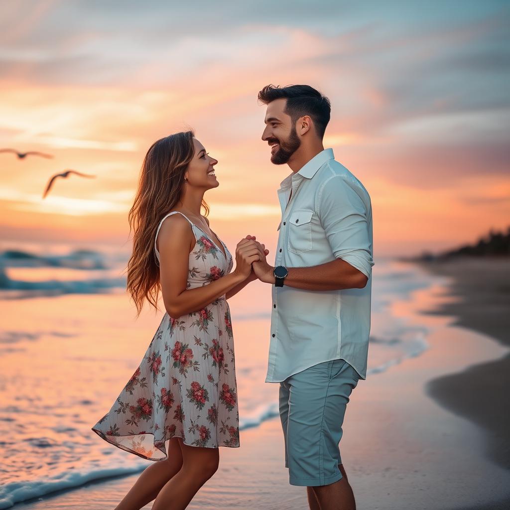 A romantic scene featuring a handsome man and a beautiful woman together, surrounded by a serene sunset on a beach