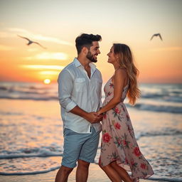 A romantic scene featuring a handsome man and a beautiful woman together, surrounded by a serene sunset on a beach