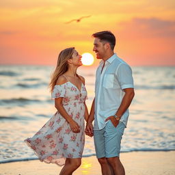 A romantic scene featuring a handsome man and a beautiful woman together, surrounded by a serene sunset on a beach