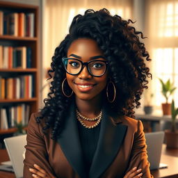 A portrait of a confident Black female INTJ character with long, flowing curly hair styled elegantly