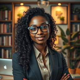 A portrait of a confident Black female INTJ character with long, flowing curly hair styled elegantly