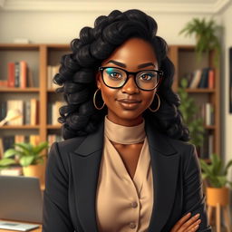 A portrait of a confident Black female INTJ character with long, flowing curly hair styled elegantly