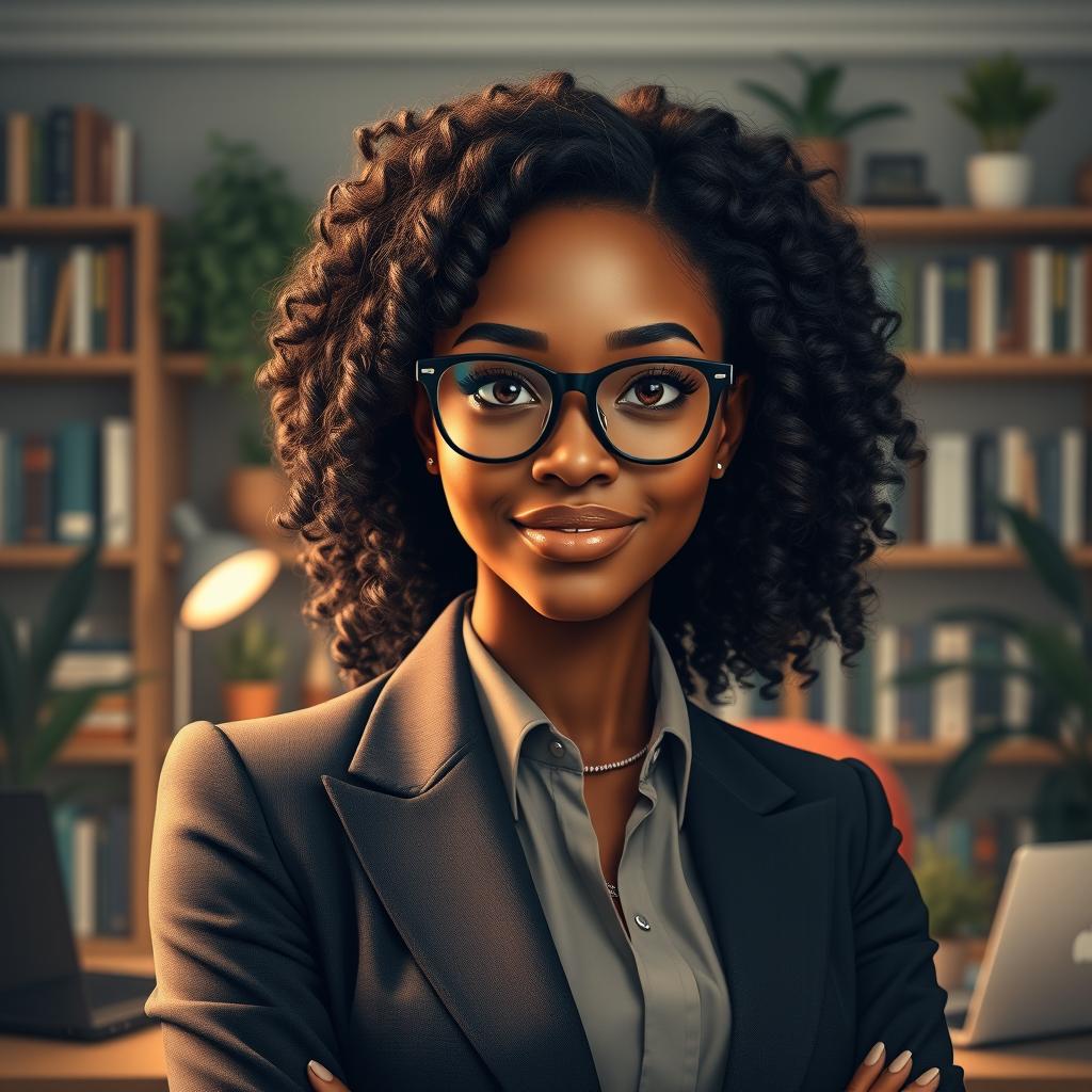 A portrait of a confident Black female INTJ character with long, flowing curly hair styled elegantly