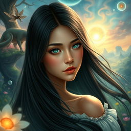 A beautiful and charming young woman with long, silky black hair that flows elegantly down her back