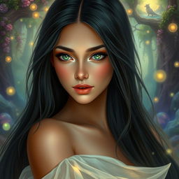A beautiful and charming young woman with long, silky black hair that flows elegantly down her back