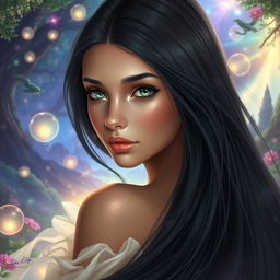A beautiful and charming young woman with long, silky black hair that flows elegantly down her back