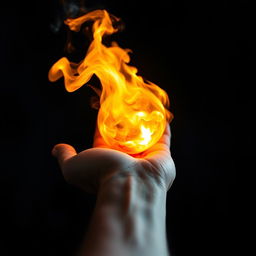 A person holding a small, vibrant fireball in their hand, showcasing an interplay of bright orange and yellow flames