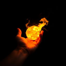 A person holding a small, vibrant fireball in their hand, showcasing an interplay of bright orange and yellow flames