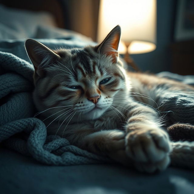 A sick and sad cat with droopy eyes and a frail body language, lying on a soft blanket in a dimly lit room