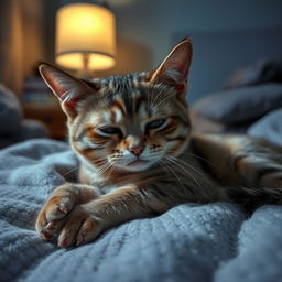 A sick and sad cat with droopy eyes and a frail body language, lying on a soft blanket in a dimly lit room