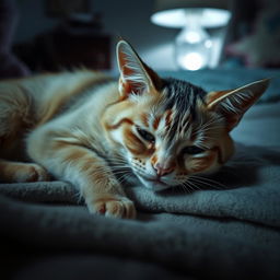 A sick and sad cat with droopy eyes and a frail body language, lying on a soft blanket in a dimly lit room