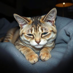 A sick and sad cat with droopy eyes and a frail body language, lying on a soft blanket in a dimly lit room