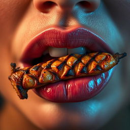 A close-up image featuring a pair of luscious, well-defined lips adorned with an intricately grilled intestine resting on them