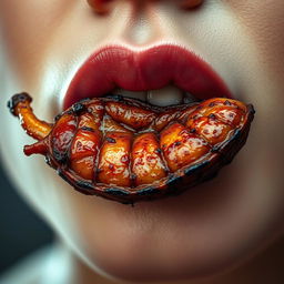 A close-up image featuring a pair of luscious, well-defined lips adorned with an intricately grilled intestine resting on them