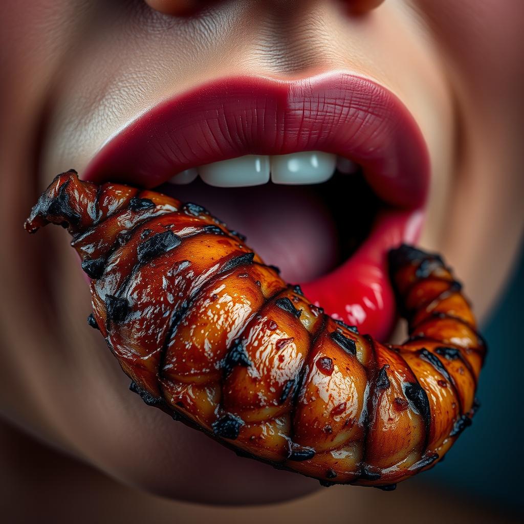 A close-up image featuring a pair of luscious, well-defined lips adorned with an intricately grilled intestine resting on them