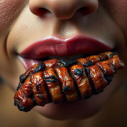 A close-up image featuring a pair of luscious, well-defined lips adorned with an intricately grilled intestine resting on them
