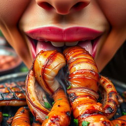 A vibrant and artistic close-up of a pair of lips, playfully enjoying grilled intestines, steam rising off the food to emphasize its freshness, delicious char marks on the intestines, and a colorful background of an outdoor barbecue scene, with mouth-watering spices and herbs sprinkled around, enhancing the visual appeal of the meal