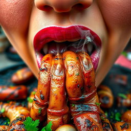 A vibrant and artistic close-up of a pair of lips, playfully enjoying grilled intestines, steam rising off the food to emphasize its freshness, delicious char marks on the intestines, and a colorful background of an outdoor barbecue scene, with mouth-watering spices and herbs sprinkled around, enhancing the visual appeal of the meal